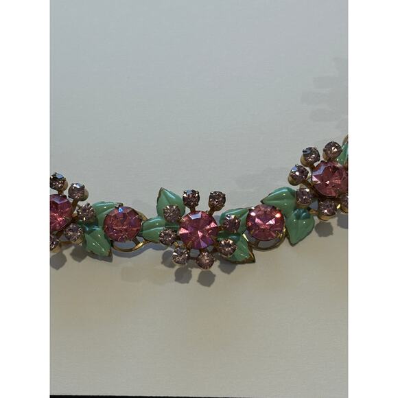 Vintage 40's Pink Purple Rhinestones Green Enamel Necklace - Picture 3 of 7